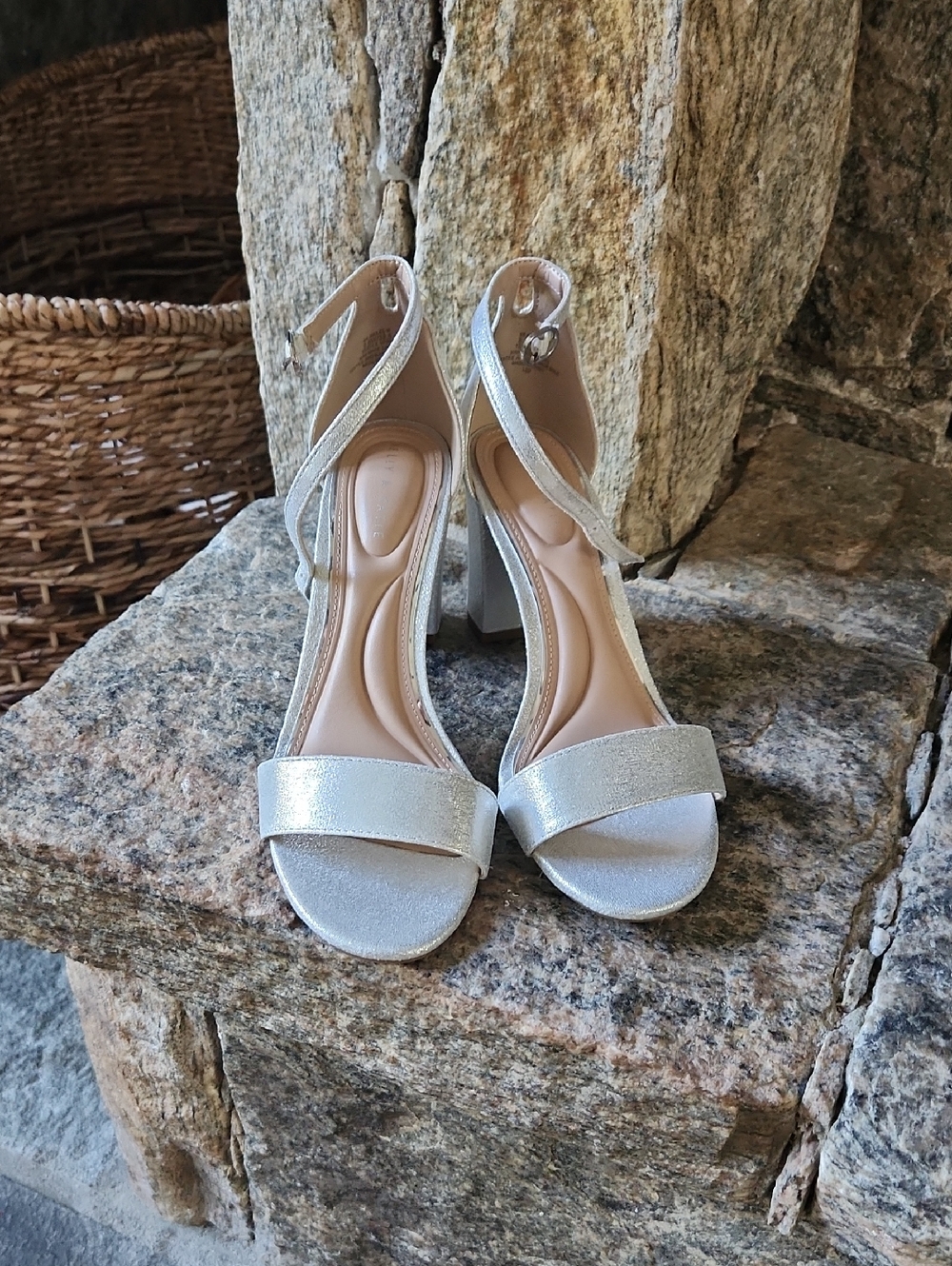 Kelly & Katie Silver Block Heel Sandals - Elegant Women’s Evening Shoes.